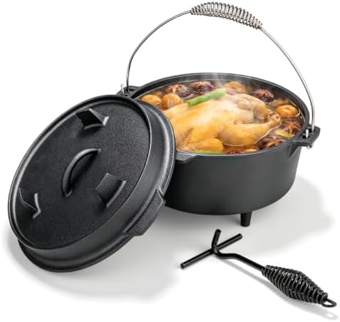 ROVSUN 7.9 QT Cast Iron Dutch Oven with Lid, Pre-Seasoned Camping Pot for Campfire Grill & Oven, 2-in-1 Skillet Lid + Lid Lifter Hook, Outdoor Cast Iron Camping Cookware for 6-8 People by ROVSUN
