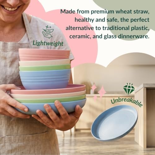 Homienly Wheat Straw Dinnerware Sets 20 PCS Plates and Bowls Sets Microwave and Dishwasher Safe Dish Set Unbreakable Camping Dish Set Cups and Plates Sets for Kitchen, Picnic, RV (Multilight) - Image 4