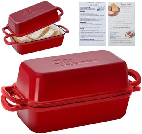 Cast Iron Loaf Pan with Lid 10x5 Inch Enameled Bread Loaf Pan for Sourdough, 2 Piece Set, Red by Unknown