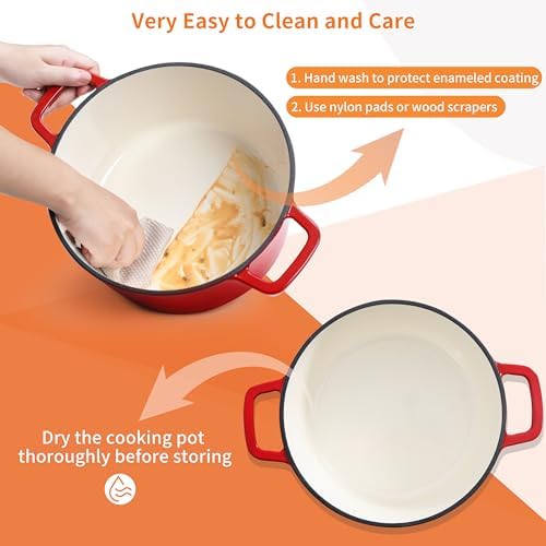 Velaze 6 QT Enameled Cast Iron Dutch Oven Pot with Lid, Red - Image 4