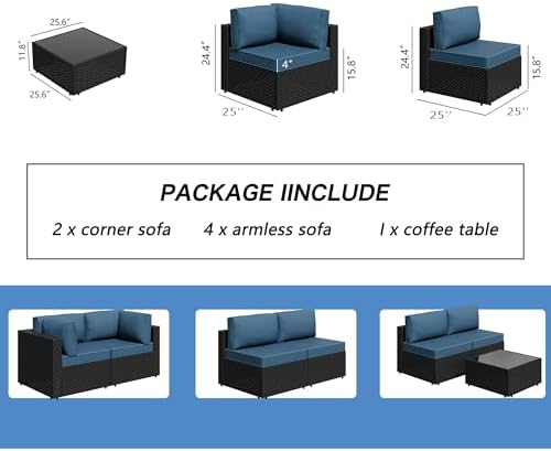 7 Piece Outdoor Patio Furniture Set with Black PE Rattan, Navy Blue - Image 4