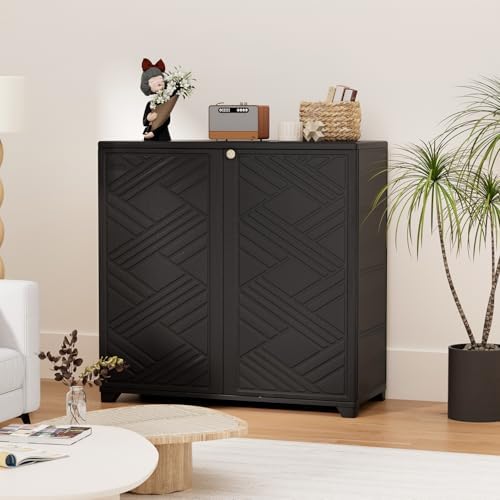 HOMSPARK Indoor/Outdoor Storage Cabinet with Doors and 2 Metal Shelves, 34”x15”x34” HDPE Plastic Storage Box for Patio, Garden, Enterway, Balcony, Multi-Purpose for Daily Tools, Black - Image 2