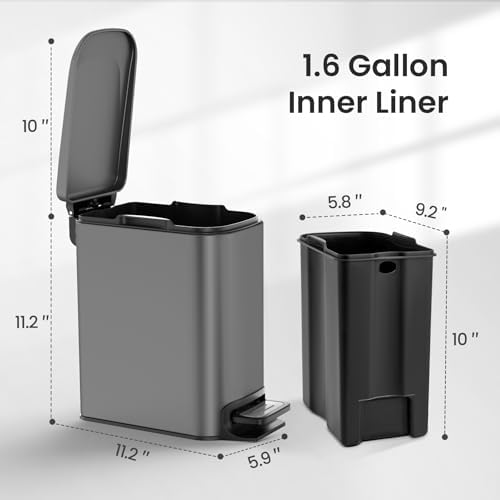 Cesun Small Bathroom Trash Can with Lid, 1.6 Gal, Soft Close, Gray - Image 6