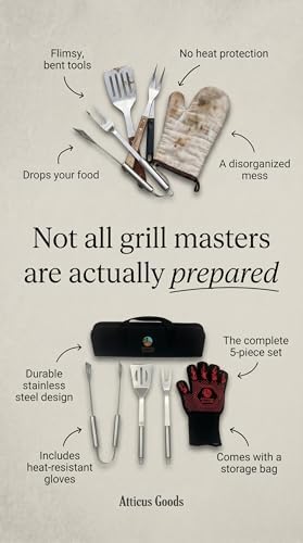 Stainless Steel Grill Set, 5 Piece Heavy Duty Barbecue Tools, BBQ Grilling Accessories Grill Kit with Tongs, Spatula, Fork, Gloves and Zippered Carry Bag, BBQ Grill Accessories - Image 4