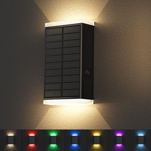 Solar Wall Light Outdoor , RGB & Warm White 8 Modes Dusk to Dawn Lighting Wall Sconce IP67 Waterproof Up and Down Solar Lights Outdoor Front Door Light for House, Garage, Porch, Doorway,Fence (1PACK) by UGDLUCK