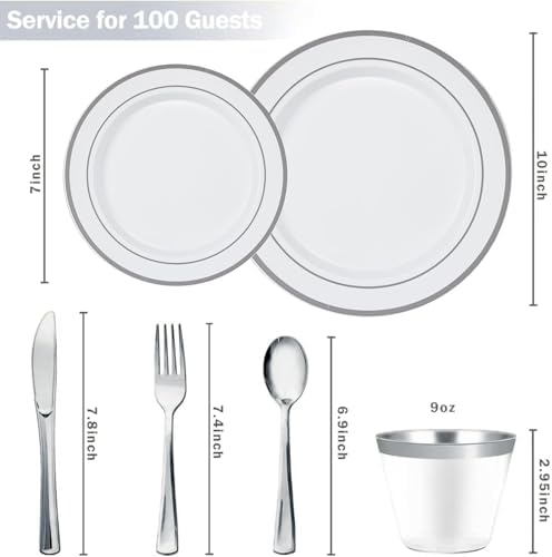 N9R 600PCS White and Silver Plastic Plates, Disposable Dinnerware Set - Image 2