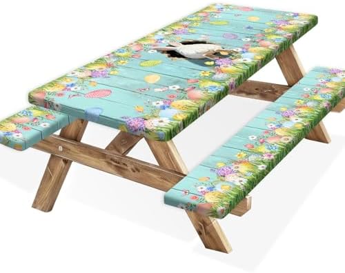 Easter Picnic Table Cover with Bench Covers, Cute Bunny Flower Blue Wooden Board Camping Tablecloth, Waterproof Windproof, Fitted Tablecloth Cover with Elastic Edge, for Outdoor, 3 PCS, 30x96 Inch by Xguatan