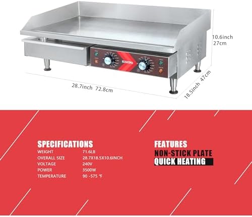 EGGKITPO 240V Commercial Electric Griddle 29 Inch Large Countertop Griddle 3500W Non-Stick Flat Top Grill Stainless Steel Teppanyaki Griddle with Adjustable Temperature 90℉-575℉ for Restaurant Use - Image 5