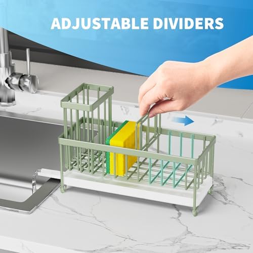 Cisily Sponge Holder for Kitchen Sink, Sink Caddy Organizer with High Brush Holder, Kitchen Countertop Organizers and Storage Essentials, Rustproof 304 Stainless Steel (Sage Green, 9.25″) - Image 4