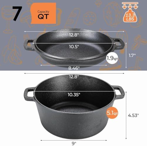 TLGREEN Cast Iron Dutch Oven 5.1QT Pot 1.9QT Skillet Lid Silicone Holders - Image 5