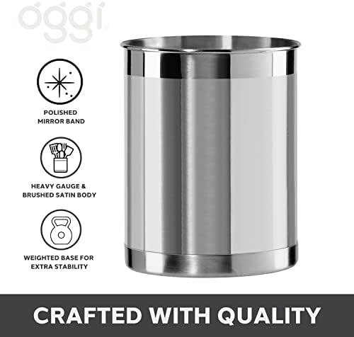 Oggi Stainless Steel Utensil Holder - 5" Diameter, Utensil Caddy, Weighted Base for Stability - Larger-Sized Utensil Crock and Countertop Utensil Organizer, Stainless Steel - Image 3