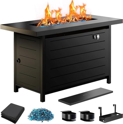 Ciays 43″ Propane Fire Pit with Glass Beads & Lid, 60,000 BTU CSA-Certified Gas Fire Pits with Cup Holders, Hanging Shelf & Nylon Cover, Large Fire Pit Table for Patio/Porch/Deck, Black by Ciays