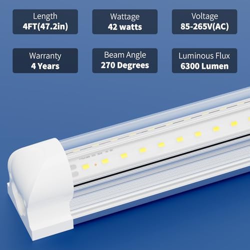 8-Pack T8 LED Shop Light 4FT, 42W 6300 Lumen 6000K Cool White, 4 Years Warranty, Linkable and Plug and Play Lights for Garage Ceiling Workshop Commercial Lighting - Image 2