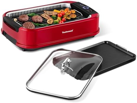 Indoor Smokeless Grill, Techwood 1500W Electric Indoor Grill with Tempered Glass Lid, Portable Non-stick Korean BBQ, Turbo Smoke Extractor Technology, Drip Tray& Double Removable Plate, Red by Techwood