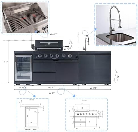 98-Inch Modular Propane Gas Outdoor Kitchen Island, All-in-One Patio BBQ Grill with Refrigerator, Sink & Storage for Backyard Lawn, Black - Image 2