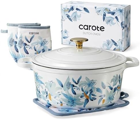 CAROTE 5QT Enameled Floral Cast Iron Dutch Oven Pot with Lid by CAROTE