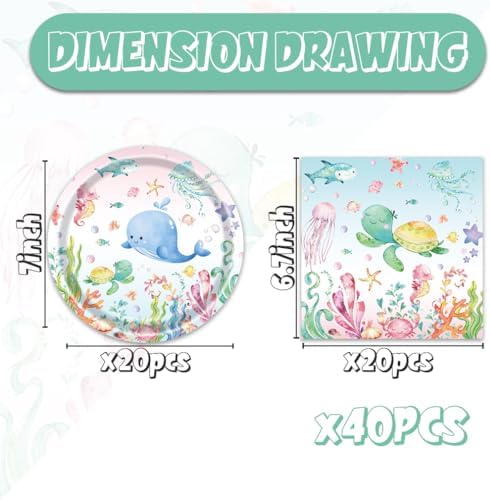 Egami 40pcs Under the Sea Party Supplies,include 20 Dessert plate and 20 Napkin,Ocean Turtle Party Plate Napkin Set,Used for Ocean Sea Animal Party Decoration (multicolor 1) - Image 2