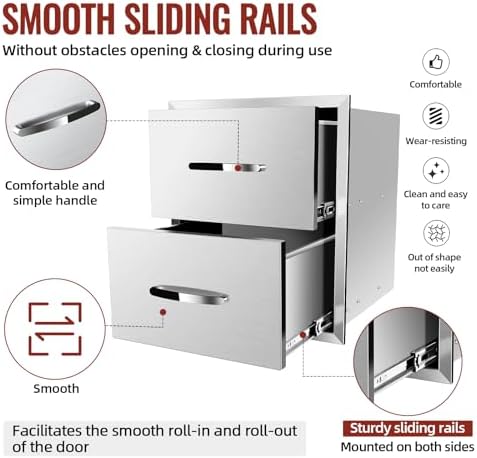 Outdoor Kitchen Drawers, BBQ Drawers for Outdoor Grill Station, 18''W x 23''H Stainless Steel Built-in Cabinet with Handle, Weatherproof and Durable Storage for BBQ Accessories and Trash - Image 5