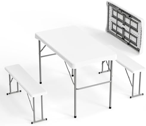 VINGLI Picnic Table Set with 2 Benches, 6 Feet Camping Table Chair Set, Heavy-Duty HDPE Material with Metal Frame, 3-Piece Folding Furniture for Indoor or Outdoor Use (3.5ft White) by VINGLI