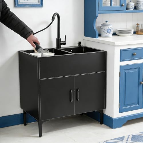 Double Basin Kitchen Sink with Cabinet, 29.53‘’ x 16.14" x 30.71" Double Blow Sink with Pull Down Faucet & Soap Dispenser, Freestanding Commercial Utility Sink for Kitchen Laundry Garage - Image 2