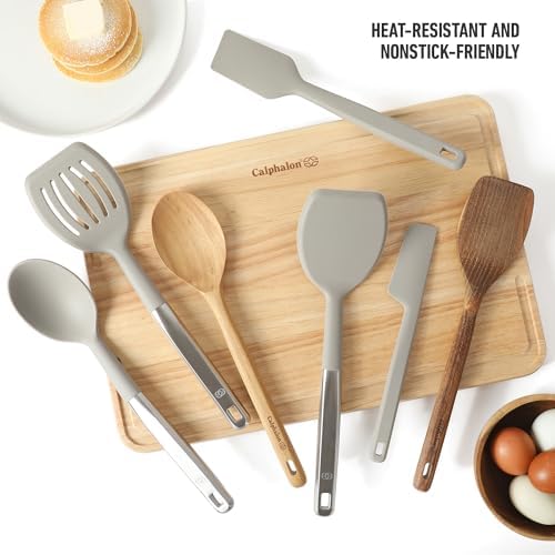 Calphalon Prime 7-Piece Silicone and Teak Wood Kitchen Tool Set, Stainless Steel Kitchen Utensil Set, Kitchen Spoon And Spatula Set, Heat Resistant Non-Slip Kitchen Gadgets Set - Taupe - Image 3