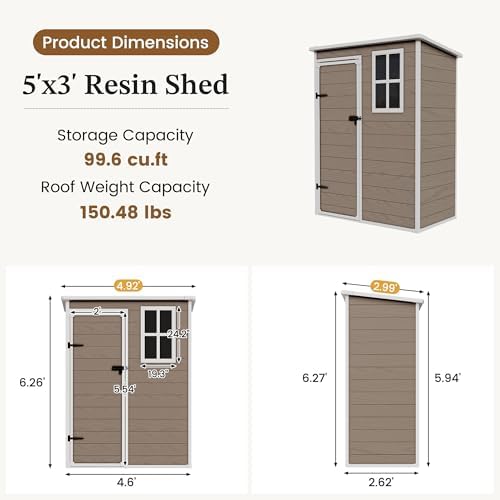 UDPATIO Outdoor Storage Shed 5x3 FT, Garden Resin Shed with Floor, Brown - Image 2