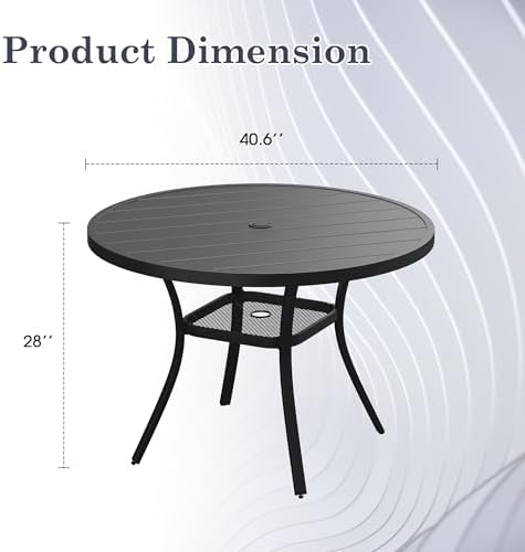 Outdoor Dining Table with Adjustable Umbrella Hole, 40.6" All-Weather Round Patio Dining Table for 4, Metal Patio Table with Storage Shelf for Garden Lawn Porch Deck Yard, Black - Image 2