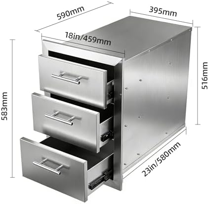 Outdoor Kitchen Drawers 18" x 23" x 23" Stainless Steel Triple Drawer Cabinet with Handles, Flush Mount Modular Storage for BBQ Islands & Patios - Image 7