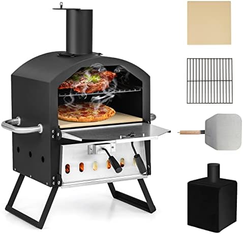 COSTWAY Outdoor Pizza Oven, Wood Fire Stone with Peel, Waterproof Cover by COSTWAY