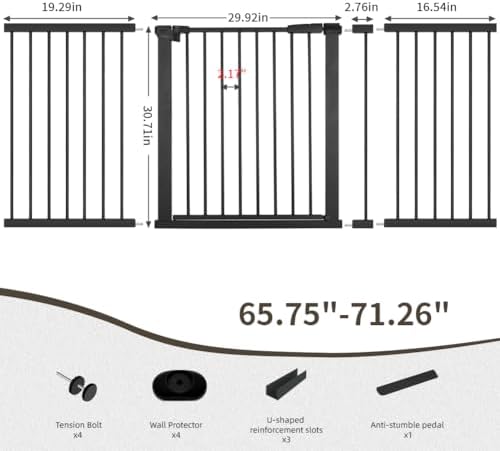 Extra Wide Dog Gate for Doorways Hallways 65.7"-71.2", 30 in Tall Baby Gates with Door No Drill, Auto Close Child Safety Gate for Pet Kid Doggie Cat Proof, Large Long Dog Barrier Indoor House, Black - Image 2