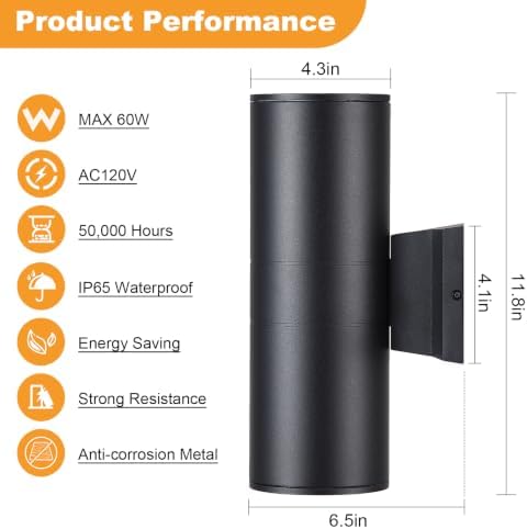 DAKAFUL Outdoor Wall Lights 2-Pack, Modern Cylinder Up and Down Light Fits Standard E26 Bulbs, Waterproof Exterior Wall Sconce for Porch Patio Door, Matte Black - Image 5