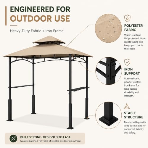 Garvee 8x5 Grill Gazebo, Outdoor BBQ Canopy Shelter with Double Tiered Roof Ventilation - Heavy Duty Patio Canopy Tent Steel Frame for Backyard Garden Lawn Grilling Party Picnic Cooking Events, Brown - Image 3