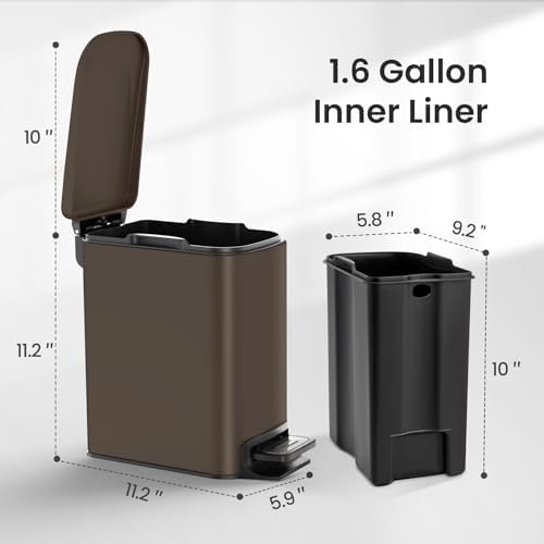 Cesun Small Bathroom Trash Can with Lid, 1.6 Gal, Soft Close, Brown - Image 6