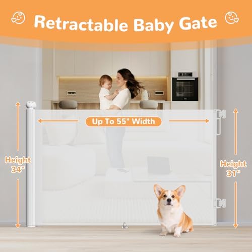 Retractable Baby Gate for Stairs 34" Tall Fits Up to 55" Wide White - Image 2