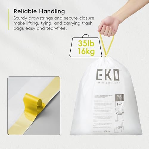 EKO Easy-Dispense Roll 100 Count Extra-Strong Drawstring Kitchen Trash Bags – 8 Gallon Garbage Bags (30.3L) 1 pack, Code F-1 Slim Fit, White - Image 4