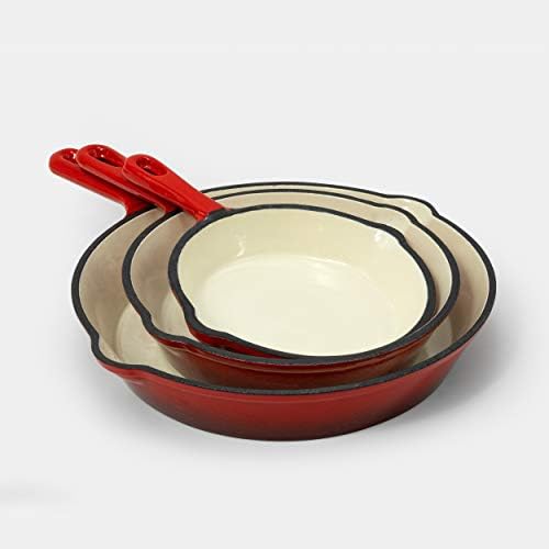 EXCELSTEEL 3 Pc Cast Iron Skillet Set w/Red Enamel Coating, Perfect for Home Stovetop and Delicious Outdoor Cooking Skillet Set by EXCELSTEEL
