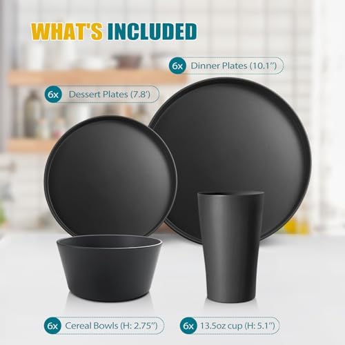 Teivio 24-Piece Kitchen Plastic Coupe Wheat Straw Dinnerware Set, Service for 6, Dinner Plates, Dessert Plate, Cereal Bowls, Cups, Unbreakable Unique Plastic Outdoor Camping RV Dishes, Black - Image 2