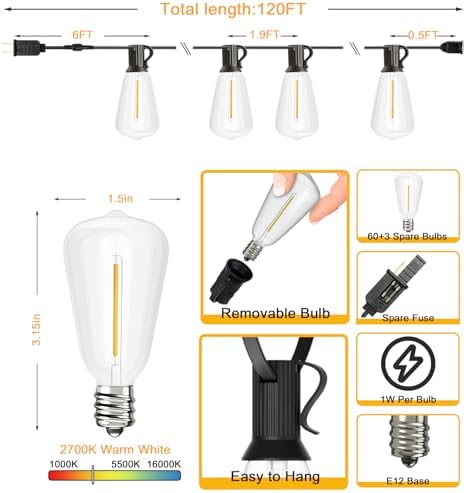 Svater Outdoor String Lights 120 FT, Waterproof Patio Light with 63 Bulbs - Image 4