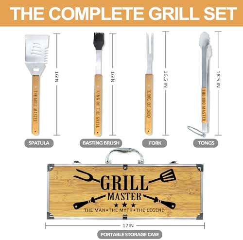 Grilling Accessories, Christmas Grilling Gifts for Men, Birthday Gift for Dad, Heavy Duty Wooden BBQ Grill Kit, Thick Stainless Steel Grill Utensils with Non-Slip Handle Tools in Portable Bag - Image 4