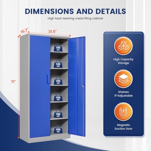 Yizosh Metal Garage Storage Cabinet with 2 Doors and 5 Adjustable Shelves - 71" Steel Lockable File Cabinet,Locking Tool Cabinets for Office,Home,Garage,Gym,School (Gray Blue) - Image 3