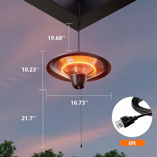 Patio Heater for Outdoor Use 1500W Electric Infrared Hanging Heater, Ceiling Mounted, Waterproof for Porch, Garage, Balcony, Overheat Protection (Brown) - Image 4