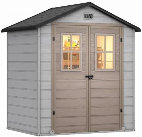 DWVO 6x4.4 FT Outdoor Storage Shed, Plastic Garden Tool Shed with 2 Windows, Double-Wall Outside Shed for Lawn Mower, Garden Shed for Backyard Patio, Lockable, Greige&Gray by DWVO