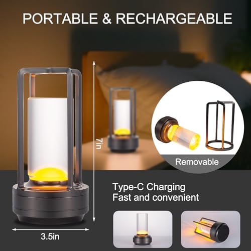 Rechargeable Cordless Small Metal Table Lamp, Stepless Dimming, 3-Color - Image 5