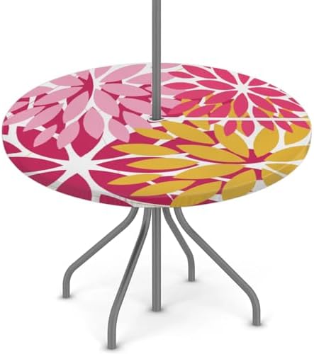 Round Tablecloth with Umbrella Hole and Zipper Elastic Fitted Table Cloth 36"-44" Oil-Proof Waterproof Patio Table Cover for Outdoor Picnic Party, Spring Summer Geometric Elegant Pink Yellow by GzLeyigouHomeKitchen