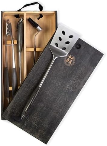 Schmidt Brothers - Bonded Ash 4-Piece Grill Set, Full-Forged Stainless Steel BBQ Utensils Including Spatula, Fork, Basting Brush, and Tongs with All Wood Handles by SCHMIDTBROS
