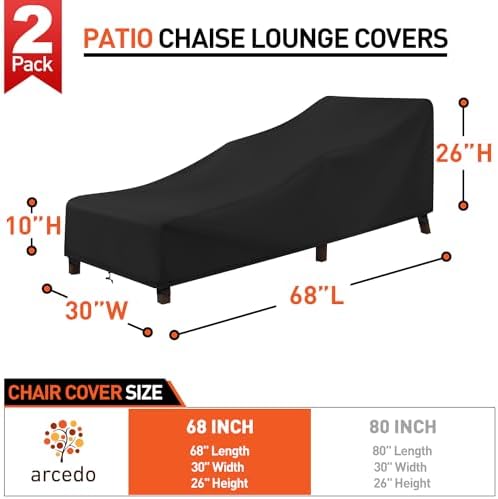 Arcedo Outdoor Chaise Lounge Chair Cover 2 Pack, 68" x 30" x 26" H, Black - Image 2
