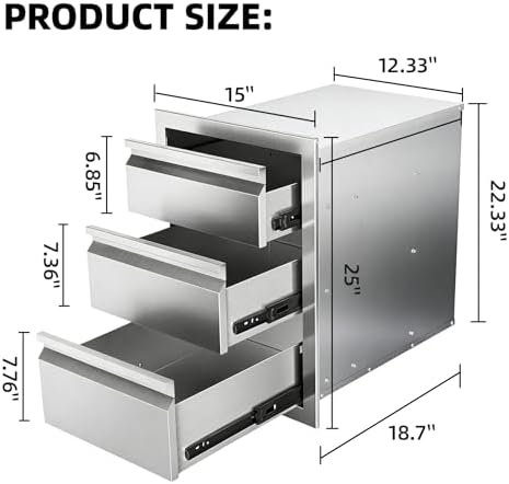 Outdoor Kitchen Drawers 15" x 25" x 18.7" Stainless Steel Triple Drawer Cabinet, Flush Mount Modular Storage for BBQ Islands & Patios - Image 2