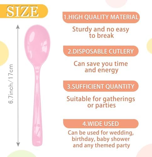 SietDESEO 25 PCS Light Pink Plastic Spoons Disposable Utensils Heavy Duty Baby Pink Spoons Disposable Cutlery for Birthday Wedding Baby Shower Bridal Shower Plastic Silverware - Image 3