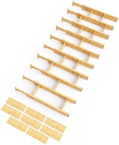 SpaceAid Bamboo Drawer Dividers with Inserts and Labels, Kitchen Adjustable Drawer Organizers, Expandable Organization for Home, Office, Dressers, 10 Dividers with 24 Inserts (17"-22" Natural) by SpaceAid
