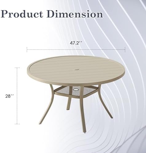 47.2" Patio Dining Table for 6, Round Outdoor Metal Dining Table with Umbrella Hole for Lawn Garden Backyard, Sandshell - Image 2